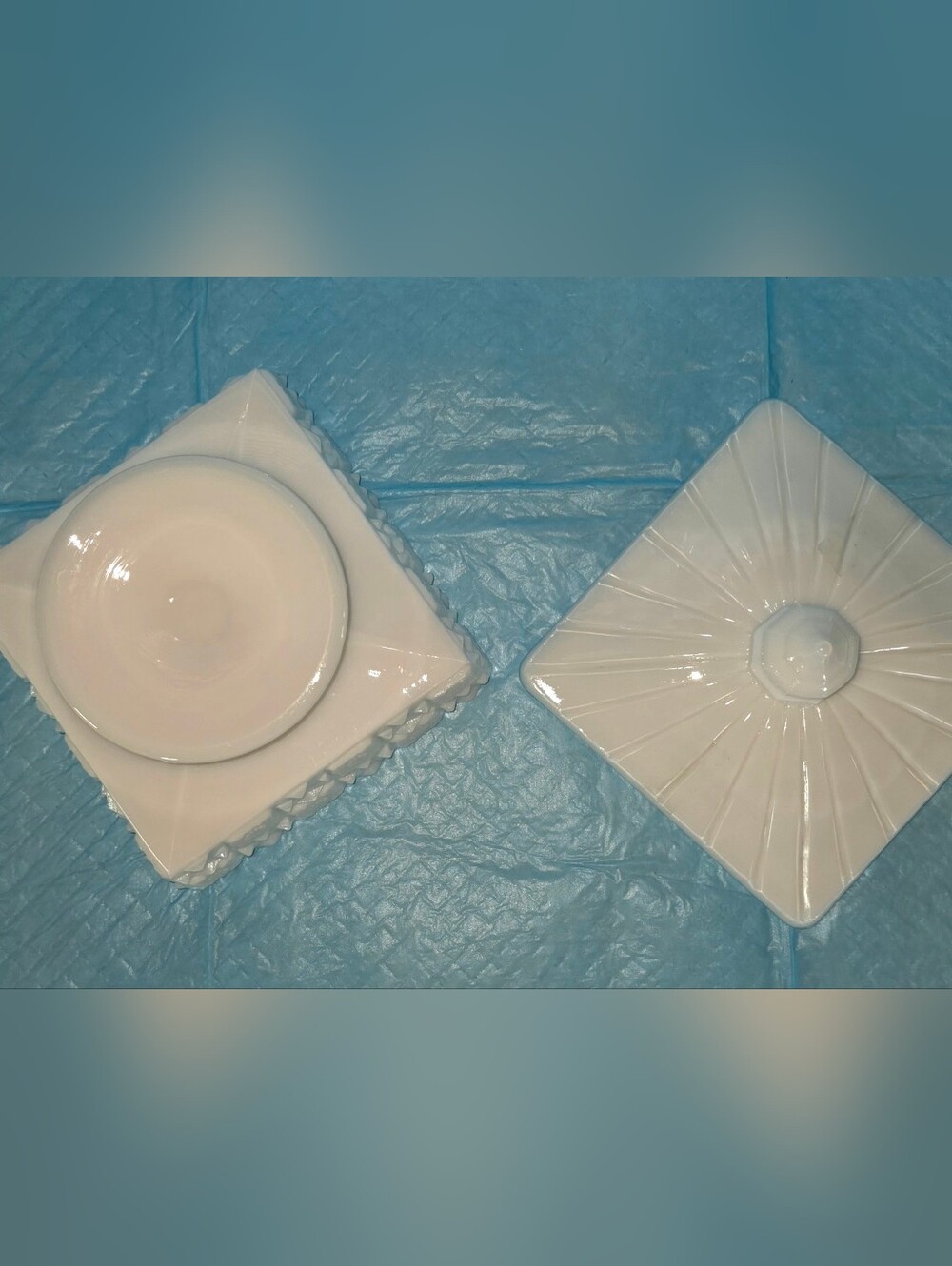 Westmoreland Milk Glass Pedestal Square Candy Box "Old Quilt" Pattern - Picture 8 of 11